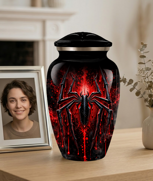 Black Spider Cremation Urn with Red Gothic Design – Adult Urn for Ashes