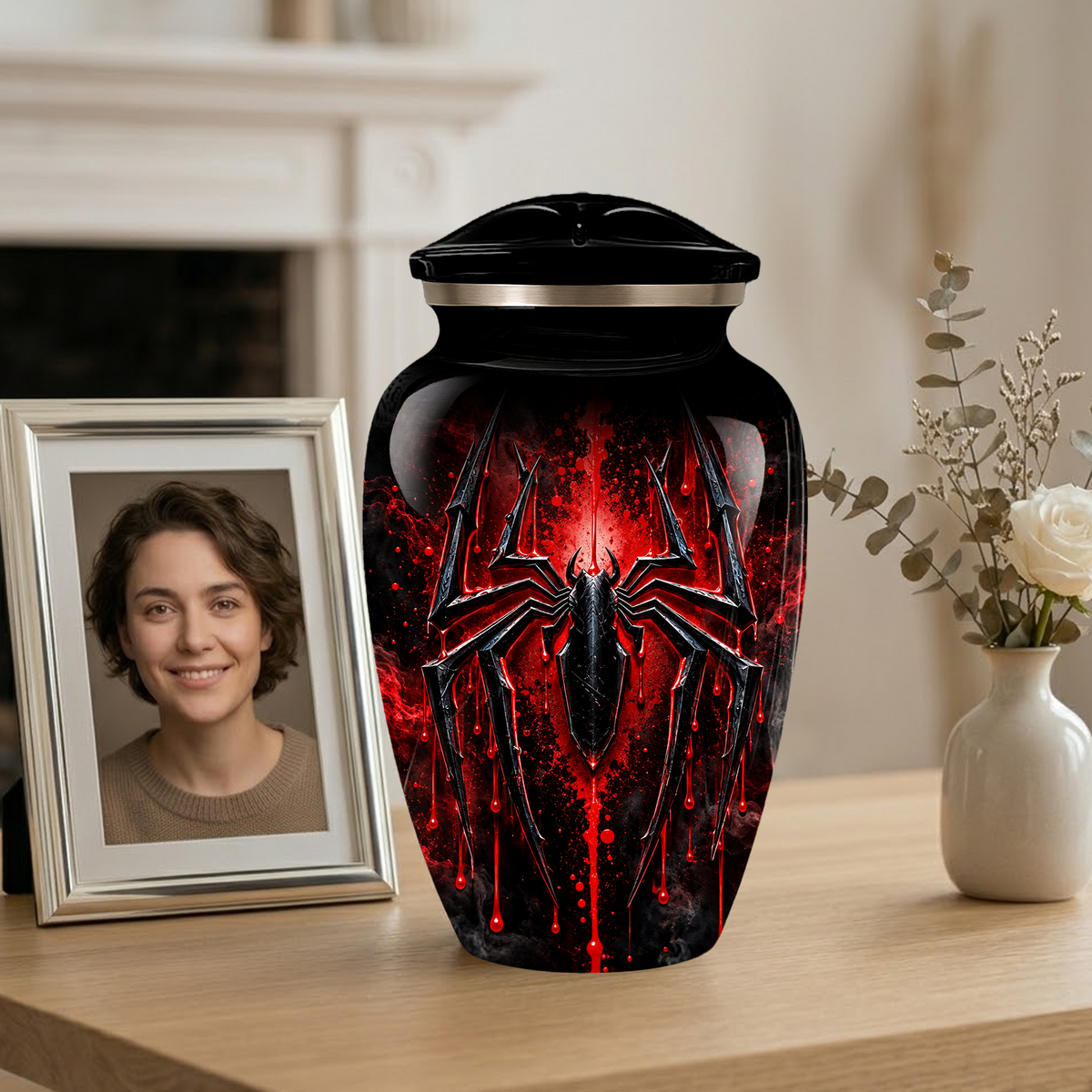 Black Spider Cremation Urn with Red Gothic Design – Adult Urn for Ashes