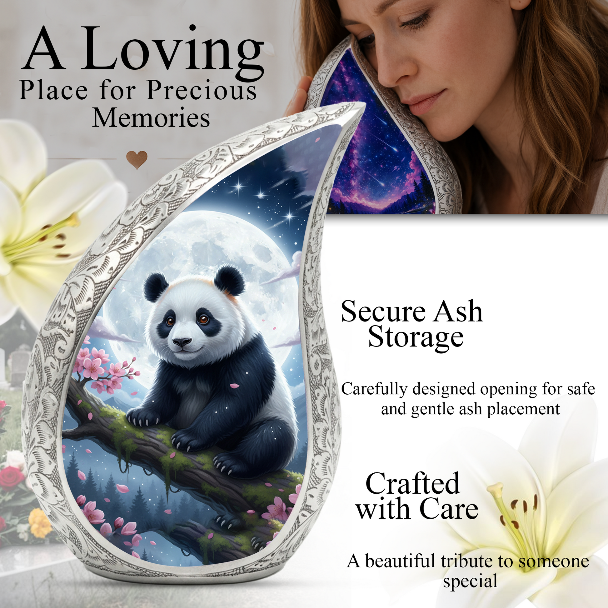 Moonlit Panda Personalized Cremation Urn – Teardrop Style Aluminum Memorial Urn, 10 Inch