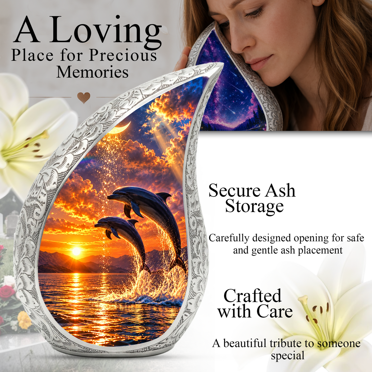 Dolphin Cremation Urn for Mom -  Ocean Sunset Memorial Keepsake Urns