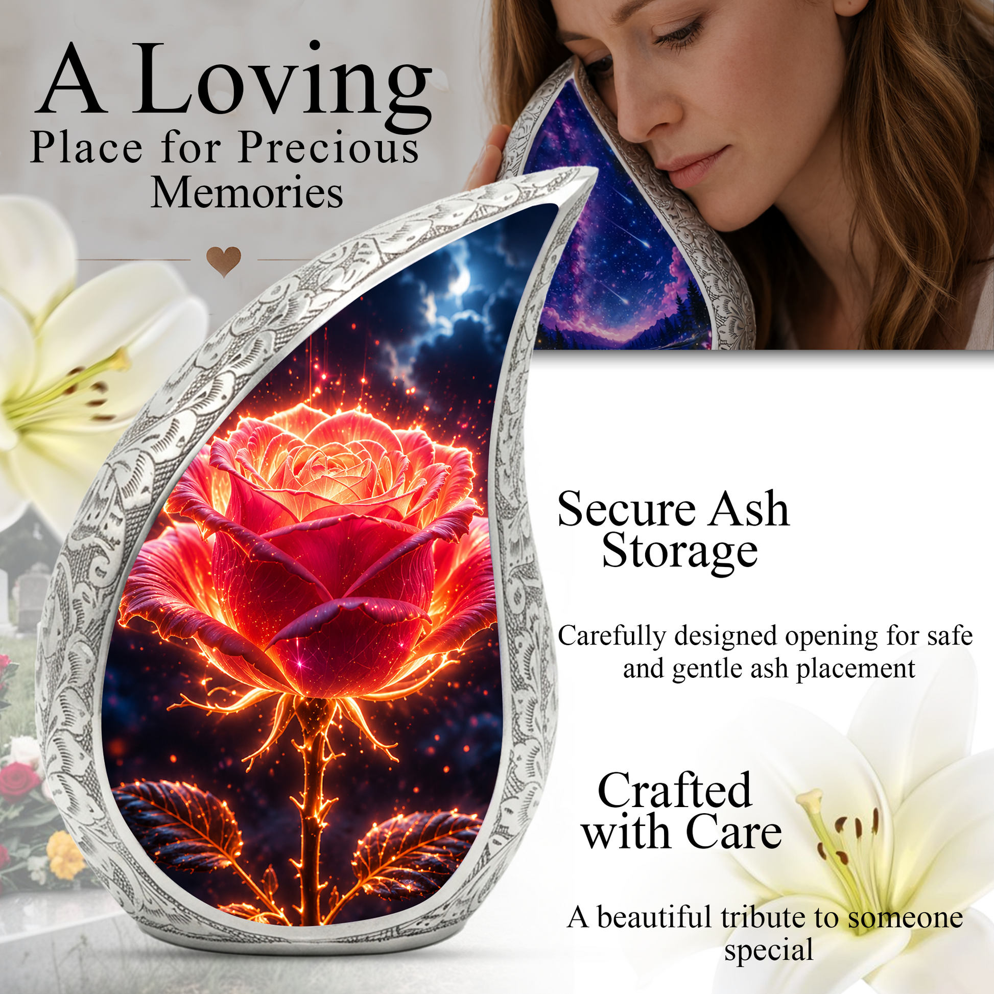 Beautiful Rose Urn for Mom & Women – Cremation Urn for Human Ashes, Keepsake Memorial Urn for Mother