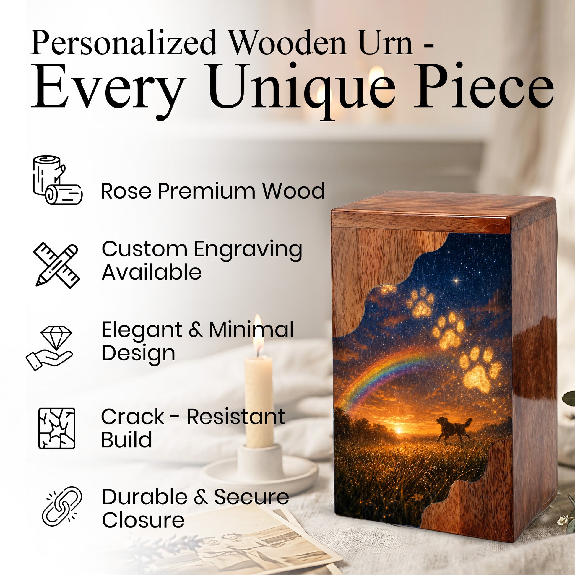 Personalized Dog Urn for Ashes, Wooden Cremation Urn, Rainbow Bridge Pet Memorial