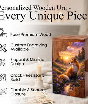 Wooden Cremation Urn for Human Ashes, Fox Memorial Urn