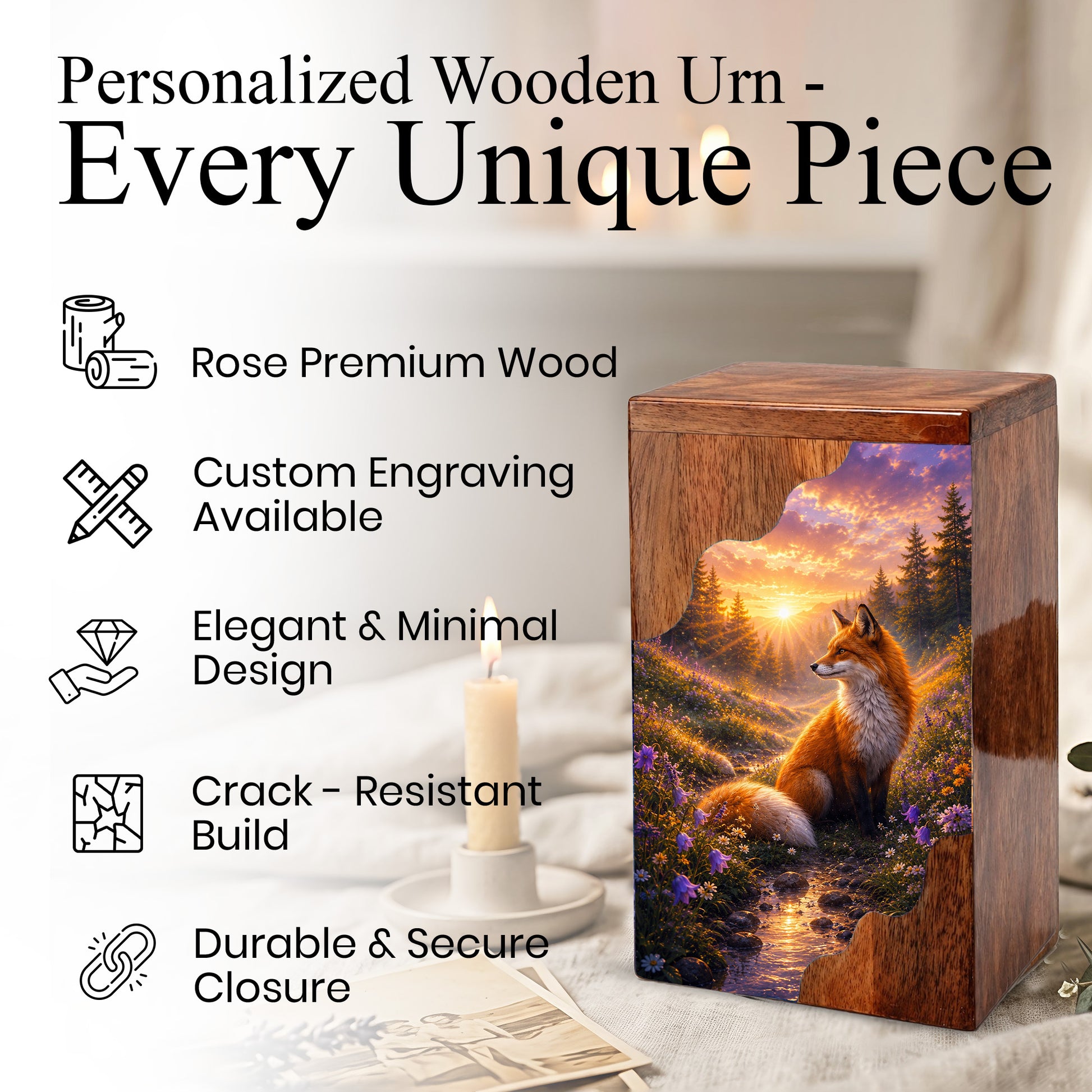 Wooden Cremation Urn for Human Ashes, Fox Memorial Urn