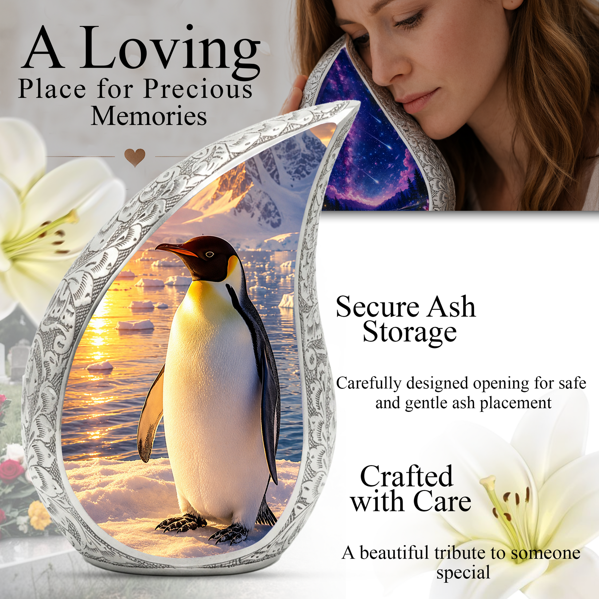 Penguin Memorial Urn for Mom, Dad & Family – Handmade Cremation Urn for Human Ashes