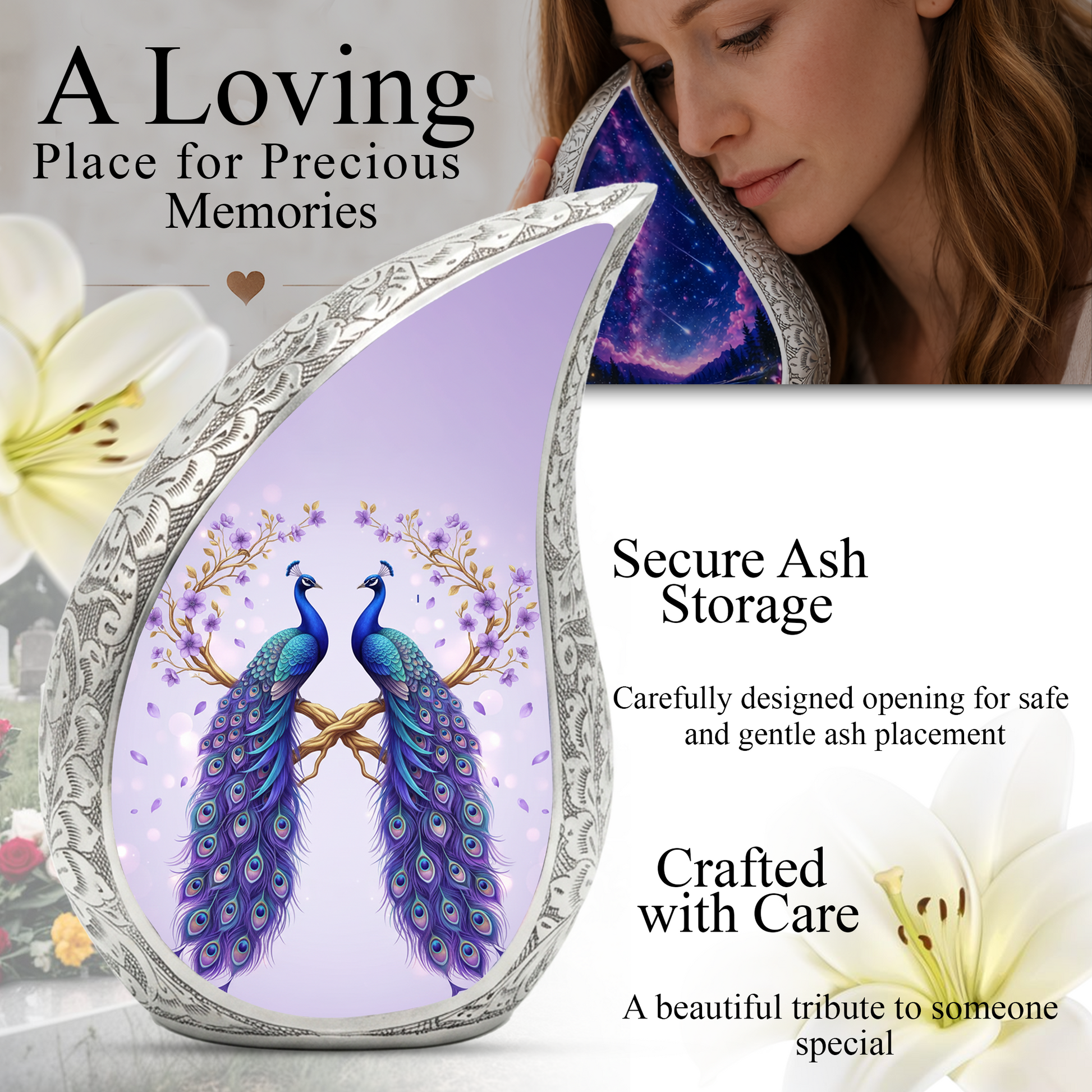 Peacock Memorial Urn for Mom | Elegant Adult Cremation Urn for Ashes