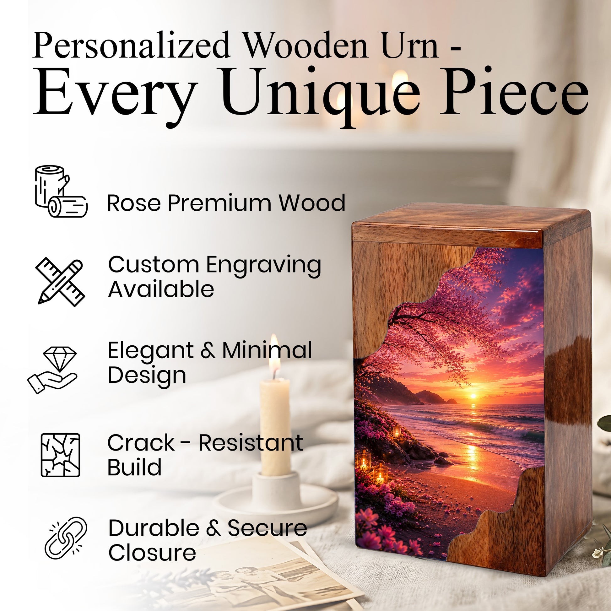 Beach Wooden Cremation Urn for Mom | Ocean Sunset Urn for Human Ashes