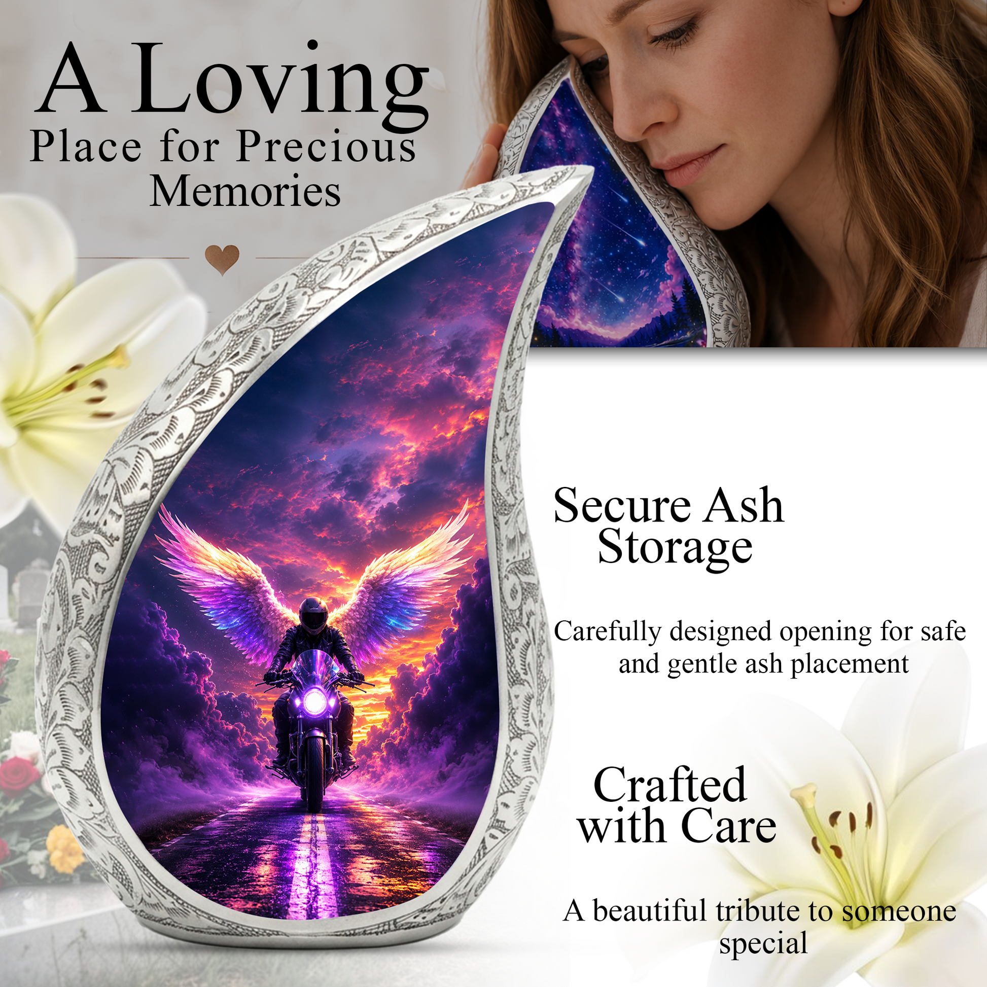 Motorcycle Wing Urn for Dad Ashes | Angel Wings Motorcycle Cremation Urn for Men