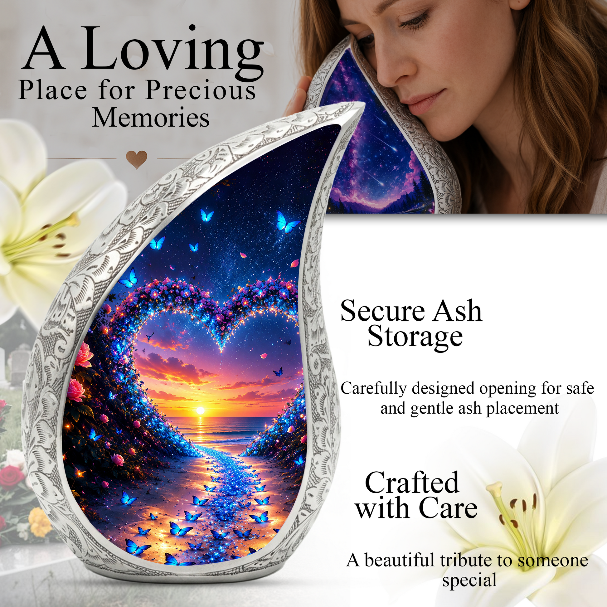 Butterfly Heart Urn for Human Ashes – Beautiful Butterfly Cremation Urn for Ashes, Heart-Shaped Memorial Urn with Butterflies