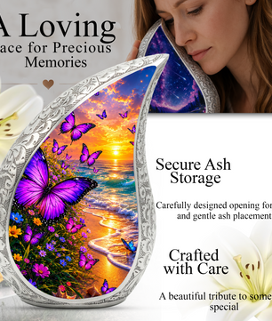 Purple Butterfly Memorial Urn for Mom, Beach Butterfly Cremation Urn for Ashes