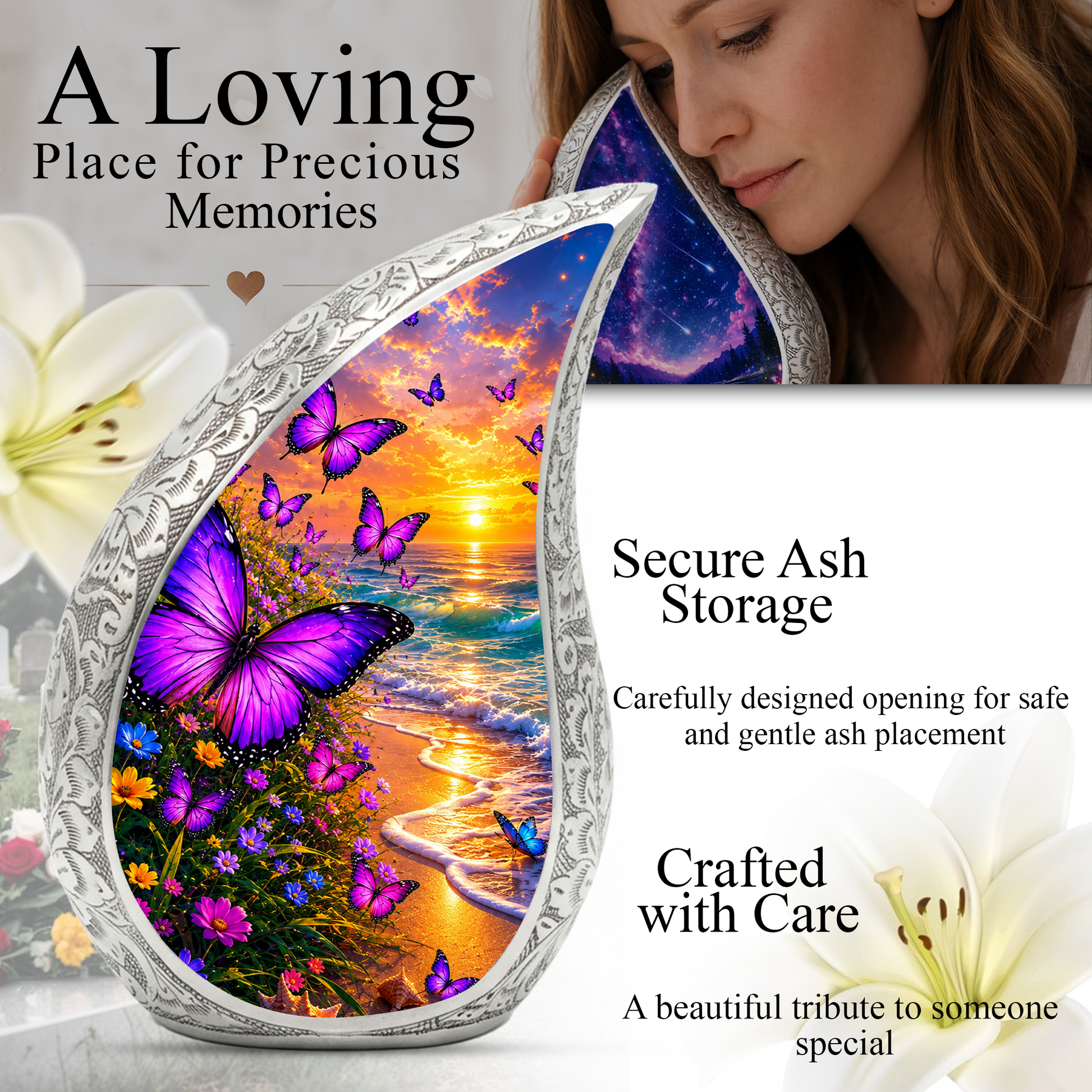 Purple Butterfly Memorial Urn for Mom, Beach Butterfly Cremation Urn for Ashes