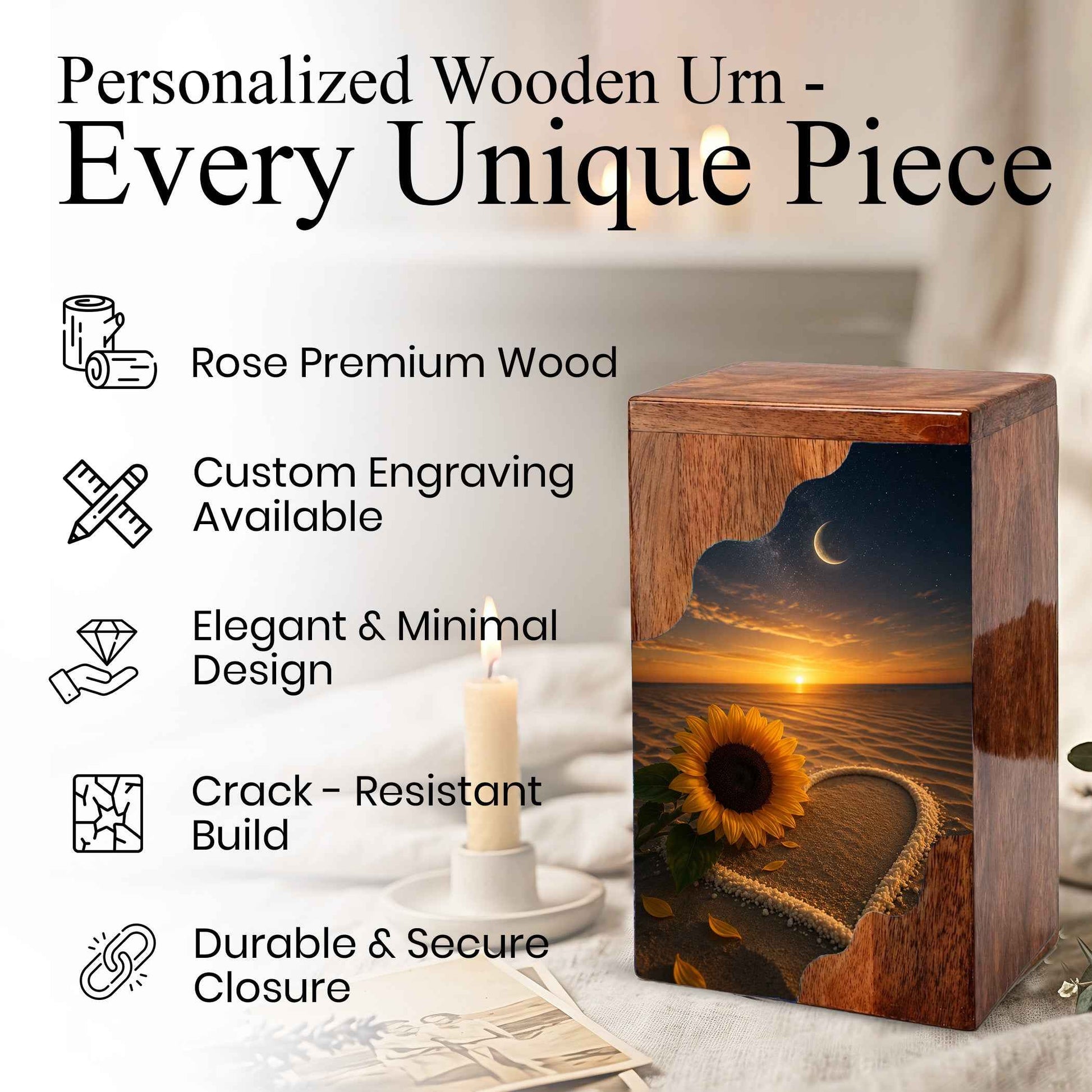 Sunflower Beach Wooden Cremation Urn for Mom | Personalized Memorial Urn for Human Ashes