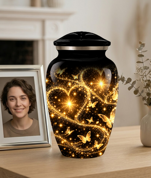 Personalized Adult Cremation Urn for Ashes, Golden Butterfly Heart Memorial Urn, Custom Adult Urn