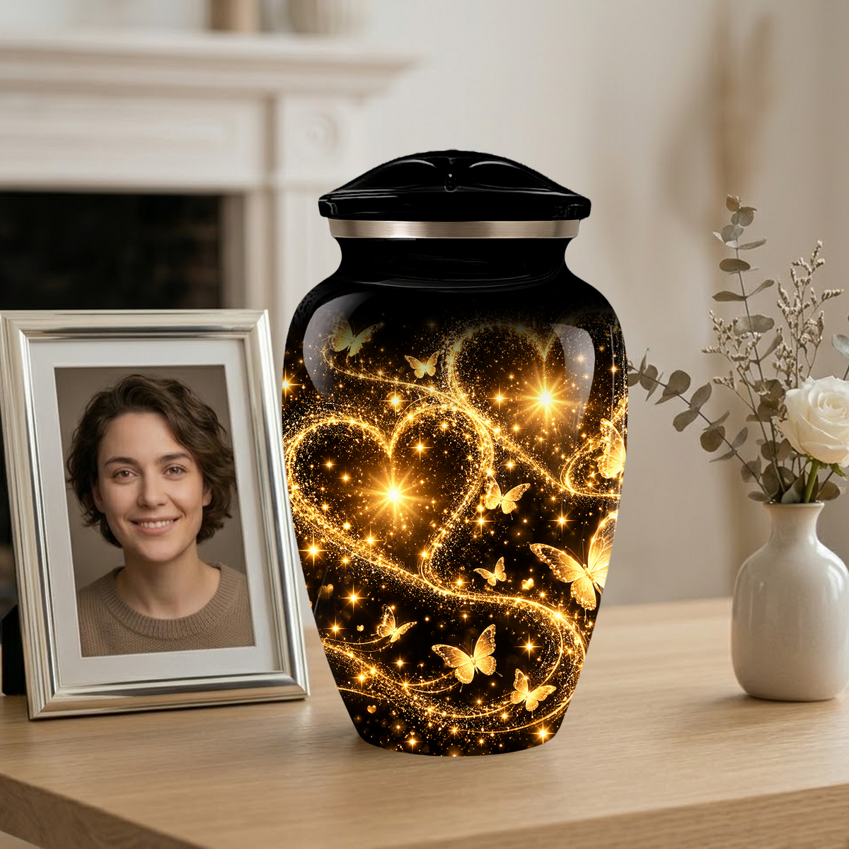 Personalized Adult Cremation Urn for Ashes, Golden Butterfly Heart Memorial Urn, Custom Adult Urn
