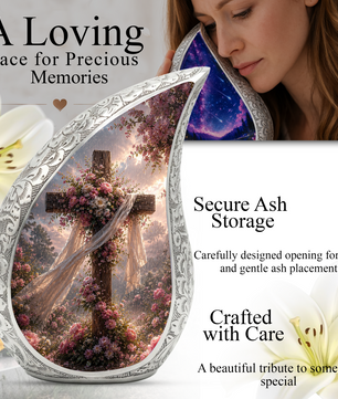 Christian Cross Adult Urn for Ashes | Floral Cross Adult Cremation Urn for Human Ashes