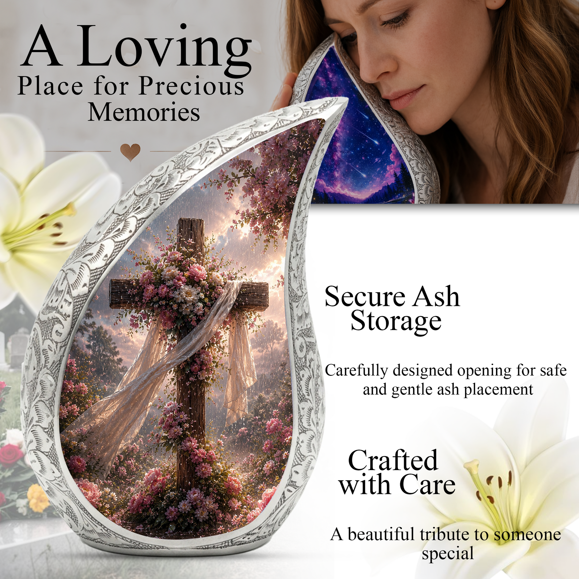Christian Cross Adult Urn for Ashes | Floral Cross Adult Cremation Urn for Human Ashes