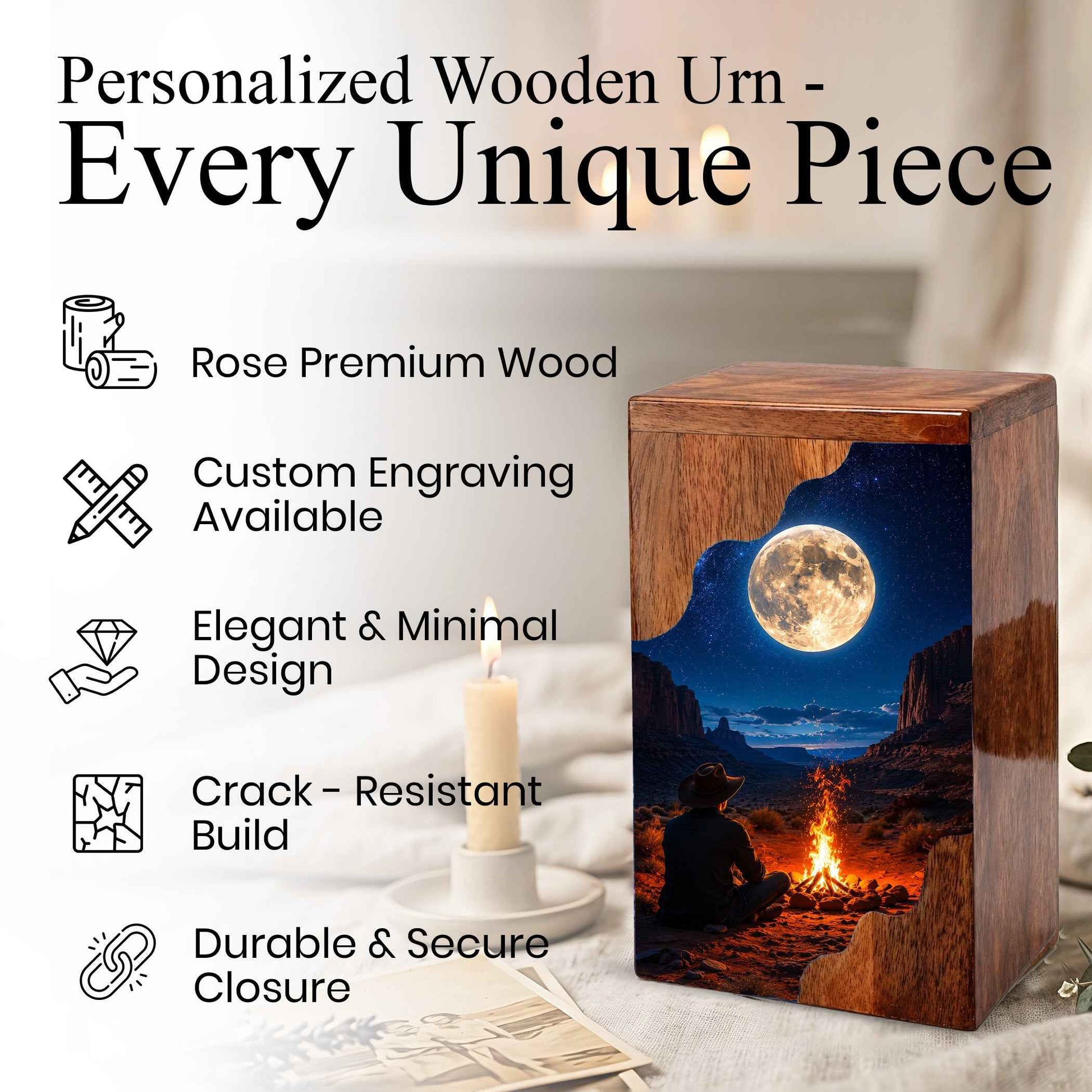 Cowboy Wooden Cremation Urn for Human Ashes – Personalized Western Memorial Urn