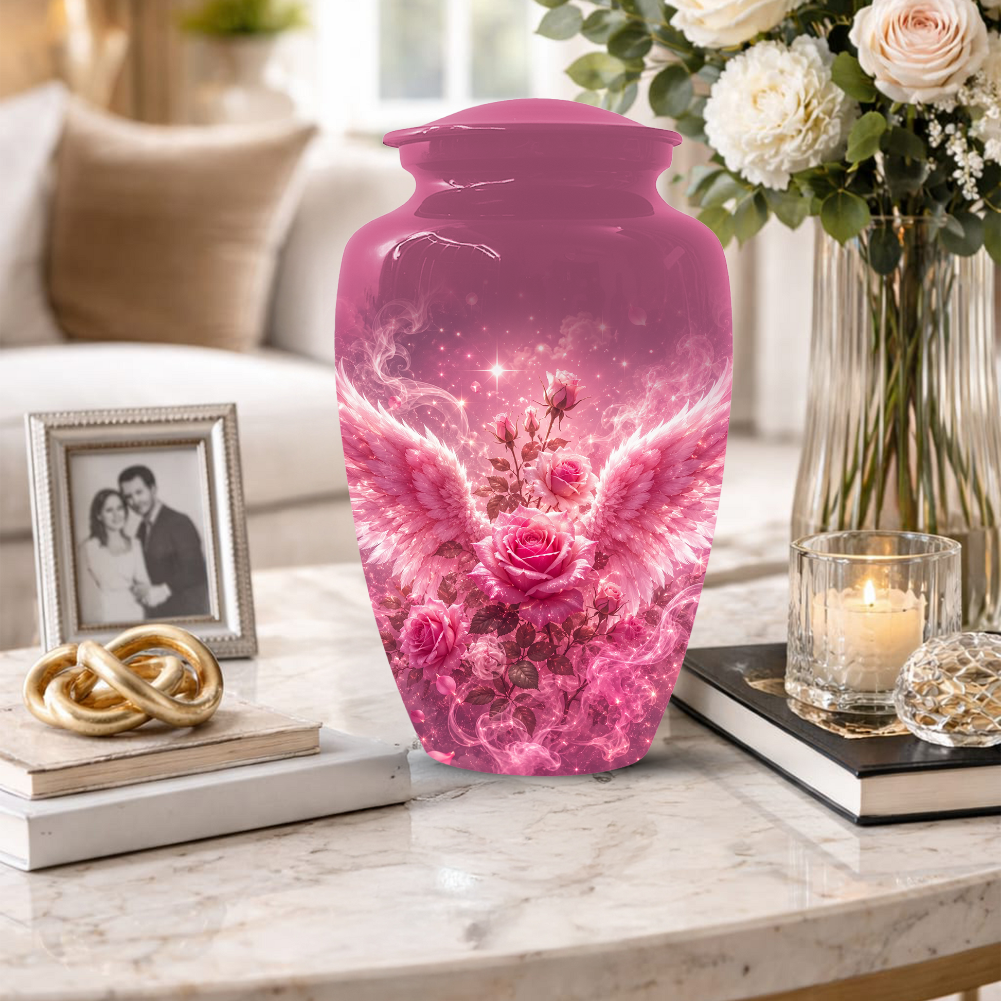 Pink Rose Cremation Urn for Ashes -  Personalized Angel Wings Memorial for Mother