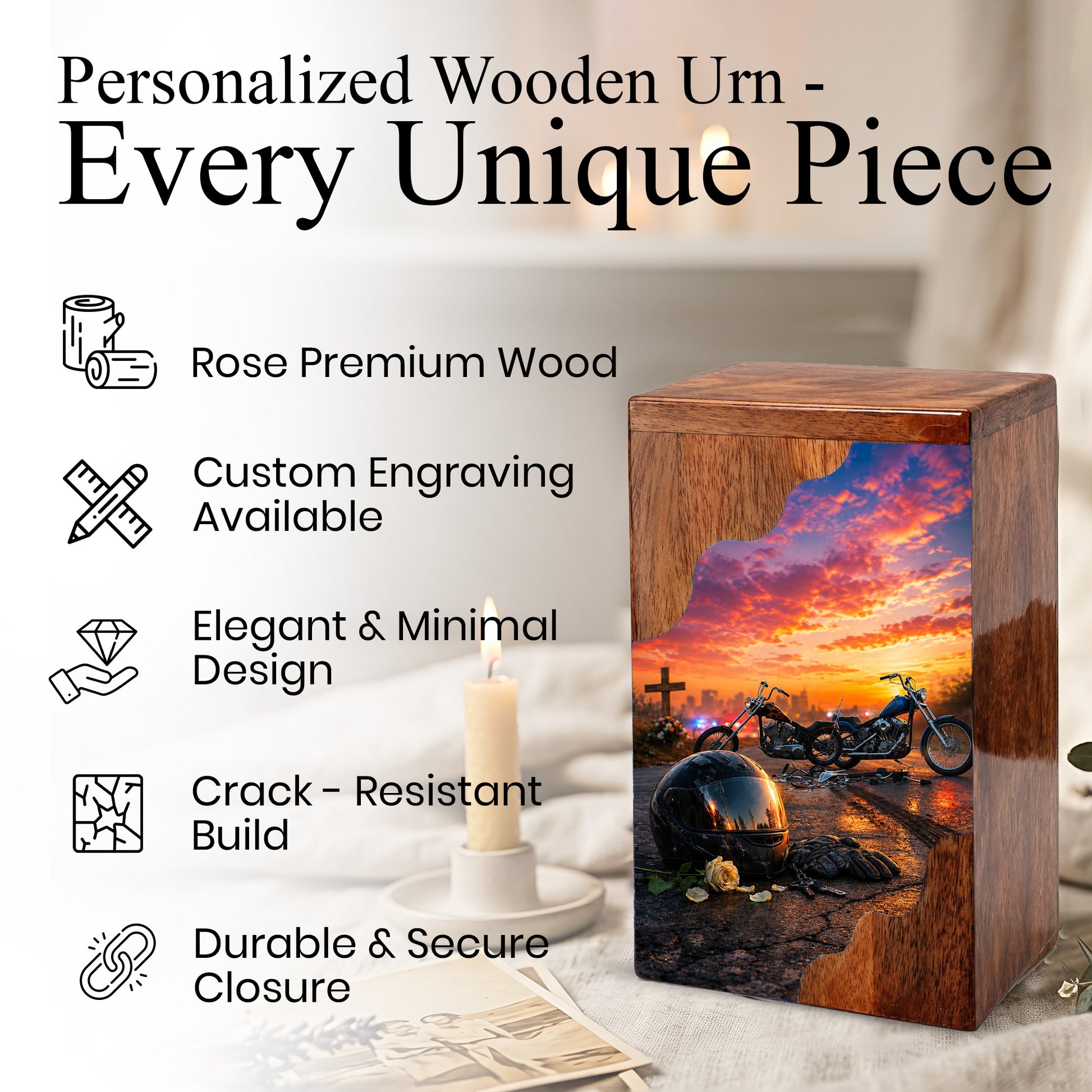 Motorcycle Memorial Wooden Cremation Urn – Wooden Urn for Human Ashes