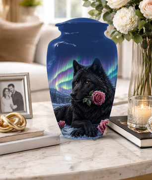 Black  Dog Urn for Ashes -  Personalized Aurora Borealis Pet Memorial