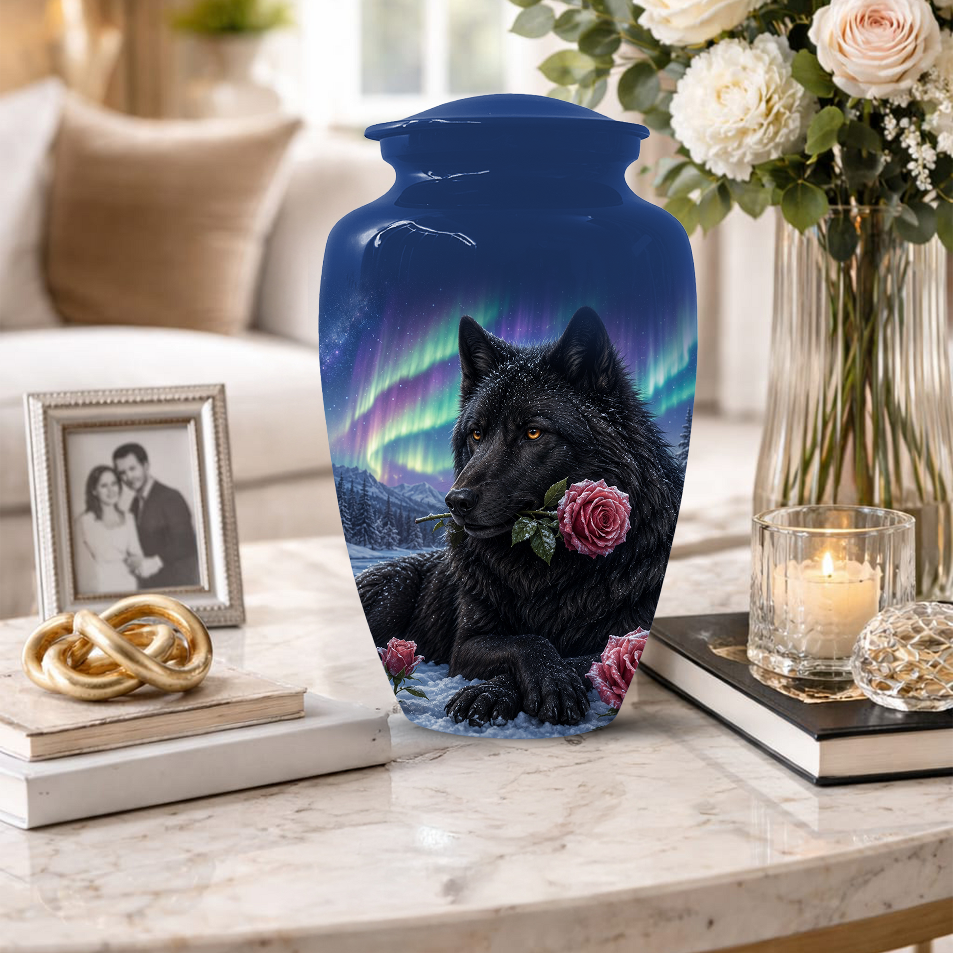 Black  Dog Urn for Ashes -  Personalized Aurora Borealis Pet Memorial
