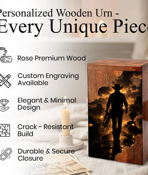 Western Cowboy Wooden Cremation Urn – Cowboy Memorial Urn for Human Ashes