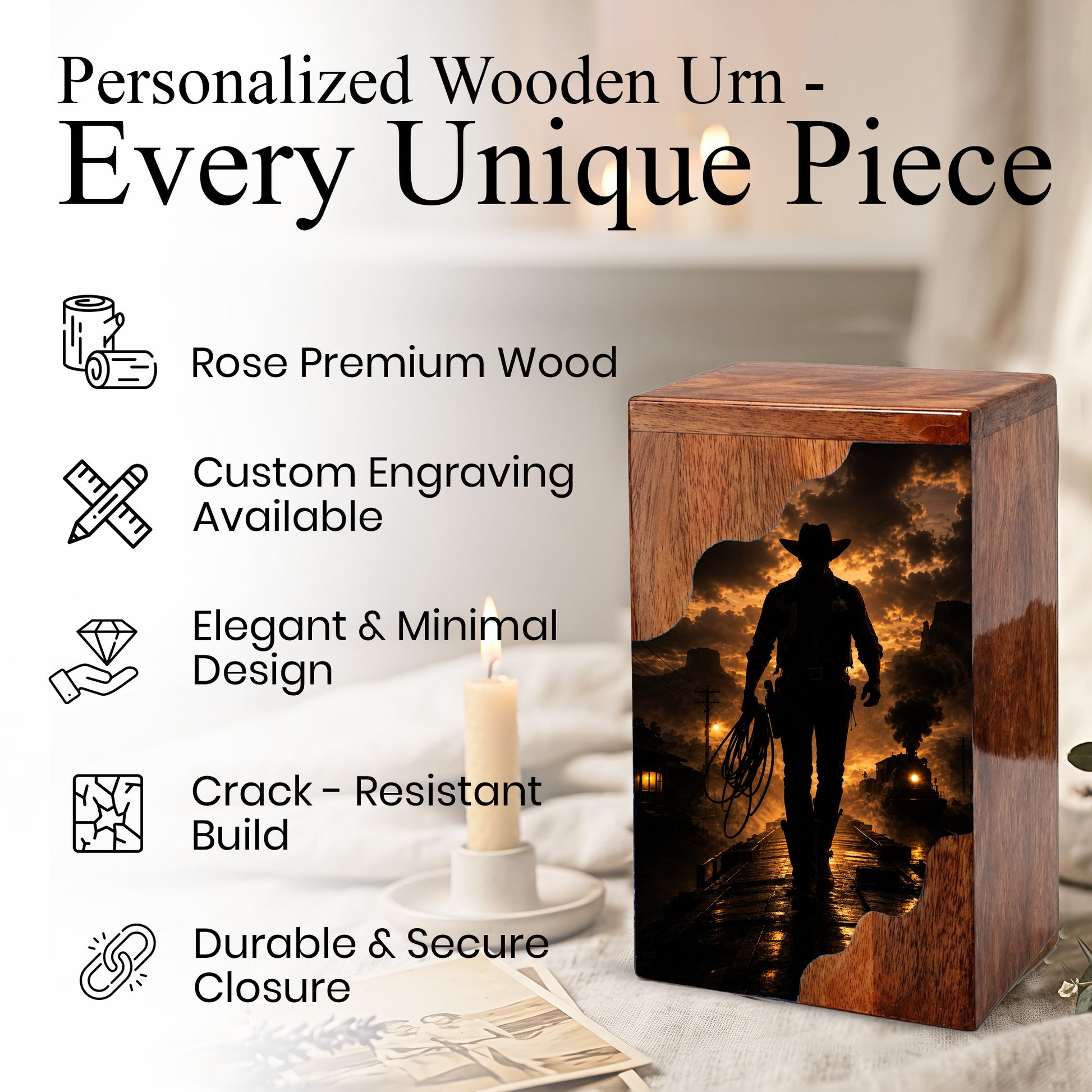 Western Cowboy Wooden Cremation Urn – Cowboy Memorial Urn for Human Ashes