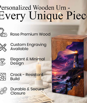 Lighthouse Wooden Cremation Urn for Human Ashes | Personalized Coastal Memorial Urn