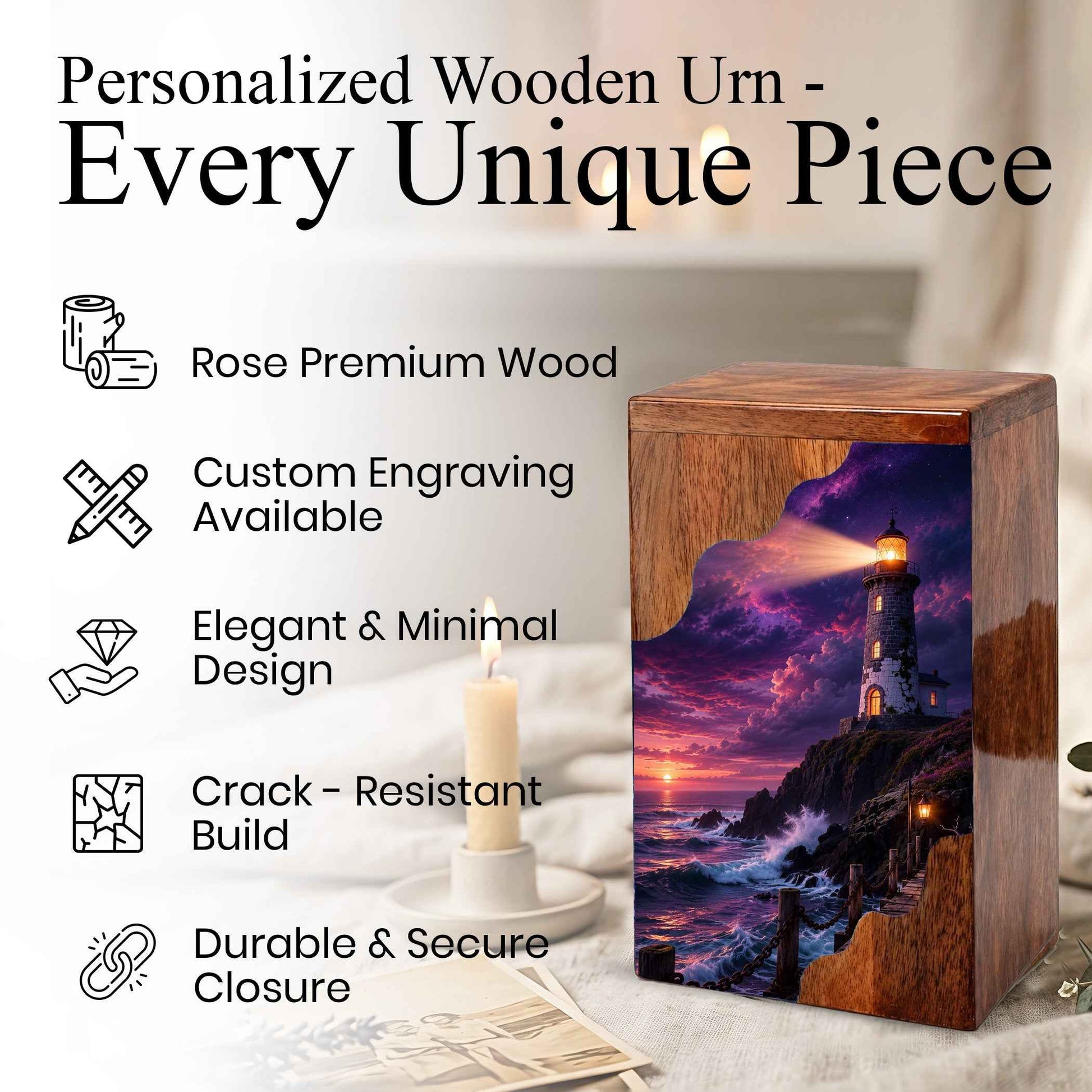 Lighthouse Wooden Cremation Urn for Human Ashes | Personalized Coastal Memorial Urn