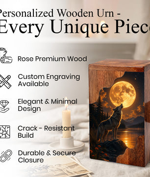 Wolf Moon Wooden Cremation Urn – Personalized Memorial Urn for Human Ashes