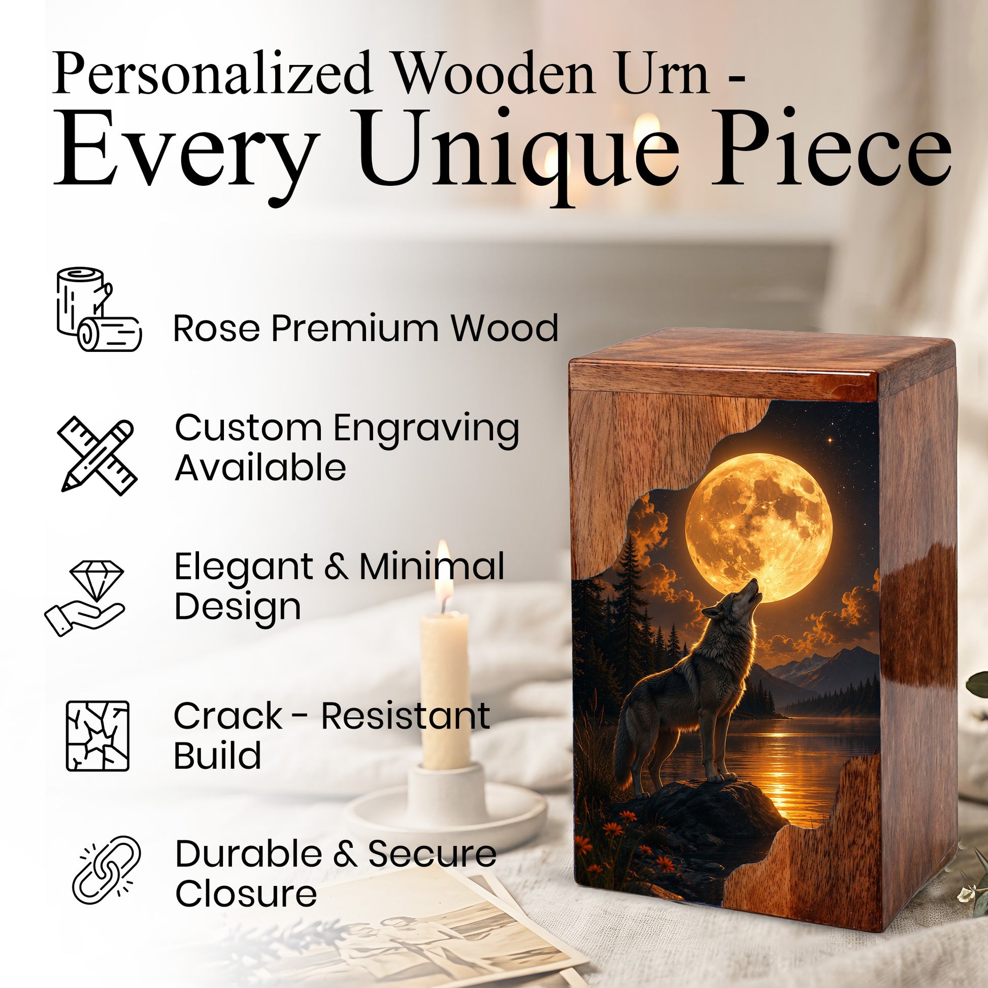Wolf Moon Wooden Cremation Urn – Personalized Memorial Urn for Human Ashes