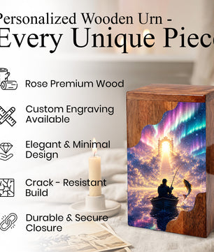 Northern Lights Fishing Wooden Cremation Urn – Personalized Memorial Urn for Human Ashes