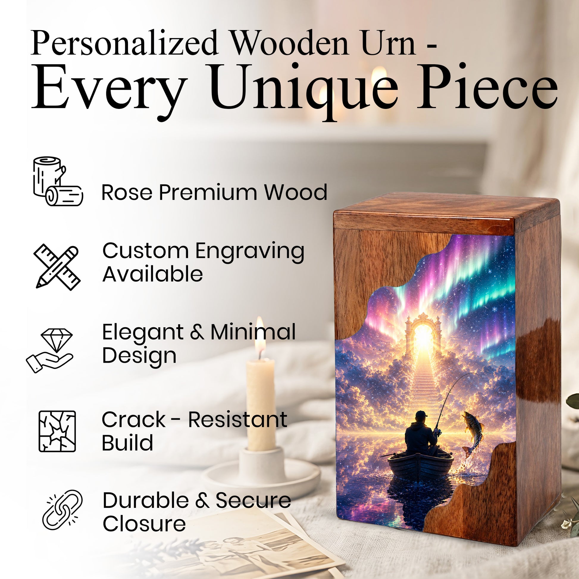 Northern Lights Fishing Wooden Cremation Urn – Personalized Memorial Urn for Human Ashes