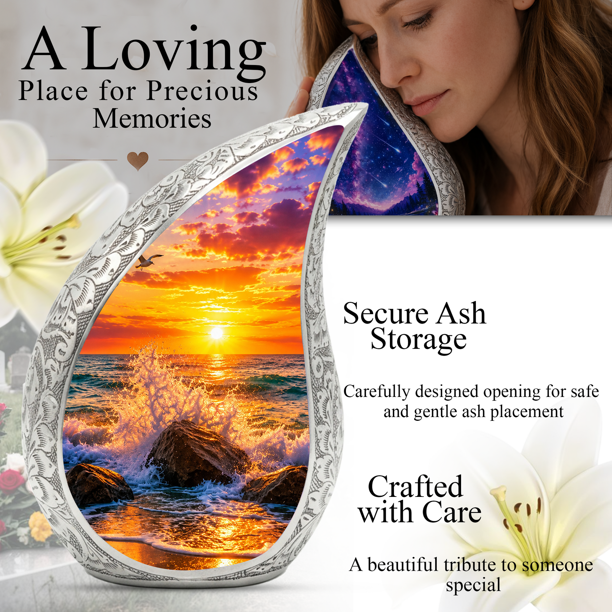 Ocean Sunset Memorial Urn for Mom & Dad – Personalized Cremation Urn for Human Ashes | Beach Funeral Urn for Women & Men