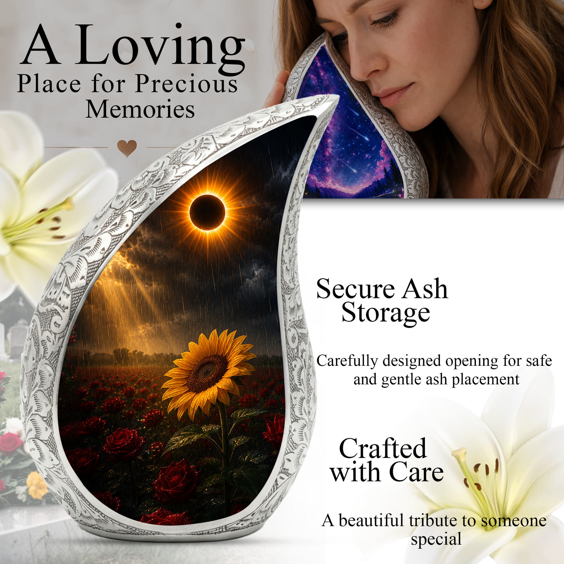 Sunflower Cremation Urn for Human Ashes | Sunflower & Rose Urn