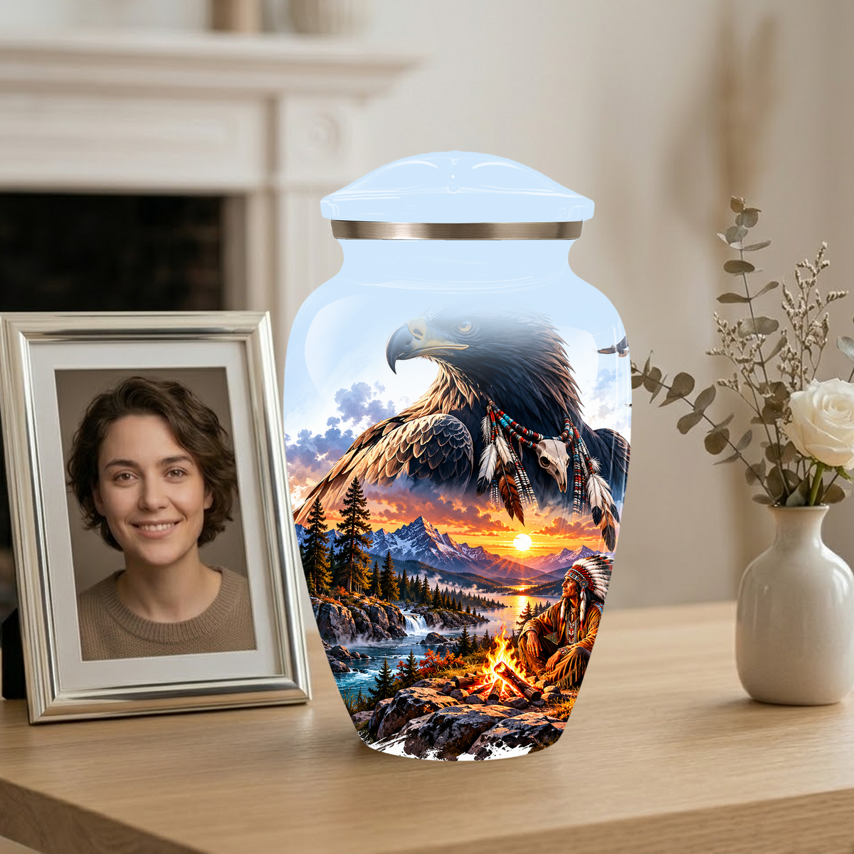 Personalized Adult Cremation Urn for Ashes, Native American Eagle Memorial Urn