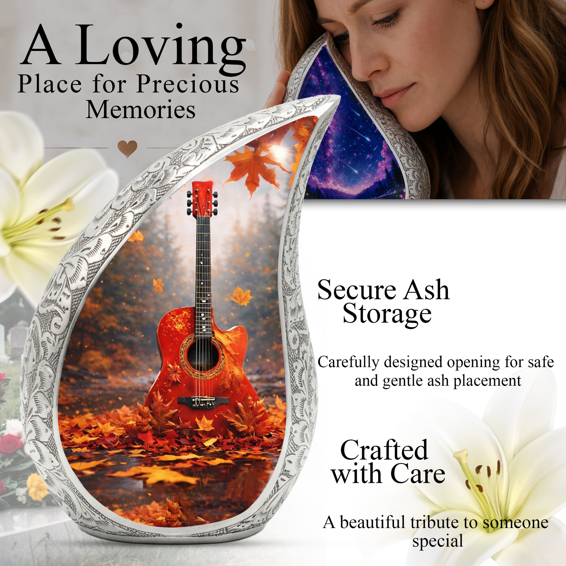 Personalized Guitar Cremation Urn – Custom Music Memorial Urn for Ashes, Teardrop Aluminum Urn, 10 Inch