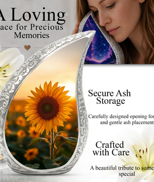 Sunflower Personalized Cremation Urn – Teardrop Style Aluminum Memorial Urn, 10 Inch