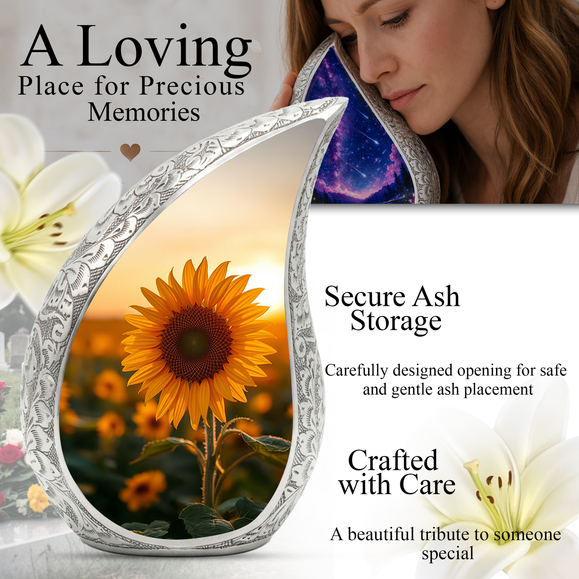 Sunflower Personalized Cremation Urn – Teardrop Style Aluminum Memorial Urn, 10 Inch