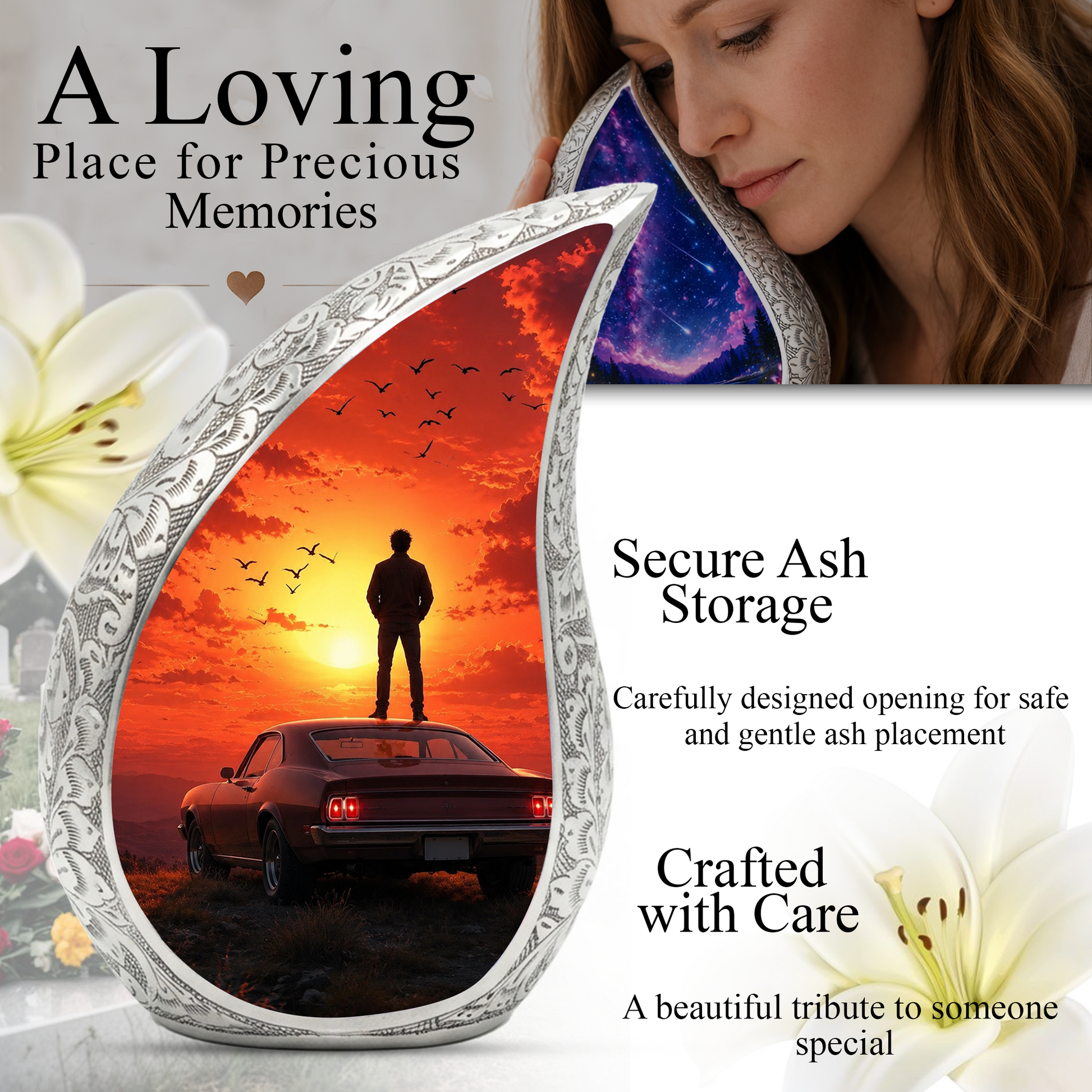 Classic Muscle Car Sunset Urn for Adult Ashes – Vintage Car Memorial Cremation Urn