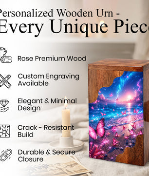 Celestial Butterfly Wooden Cremation Urn – Butterfly Memorial Urn for Human Ashes