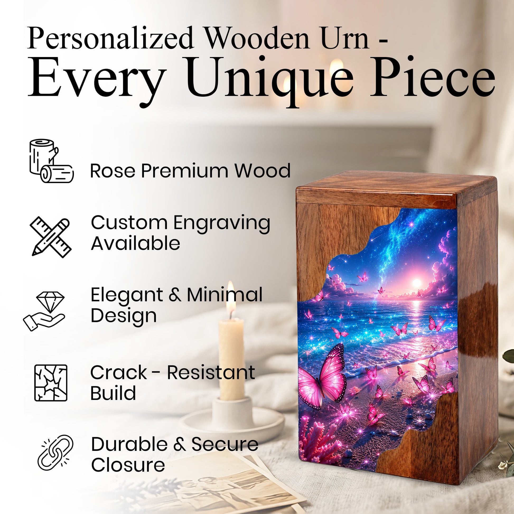 Celestial Butterfly Wooden Cremation Urn – Butterfly Memorial Urn for Human Ashes