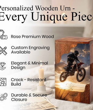 Motocross Cremation Urns for Human Ashes | Personalized Urns for Dad | Wooden Memorial Urn for Men