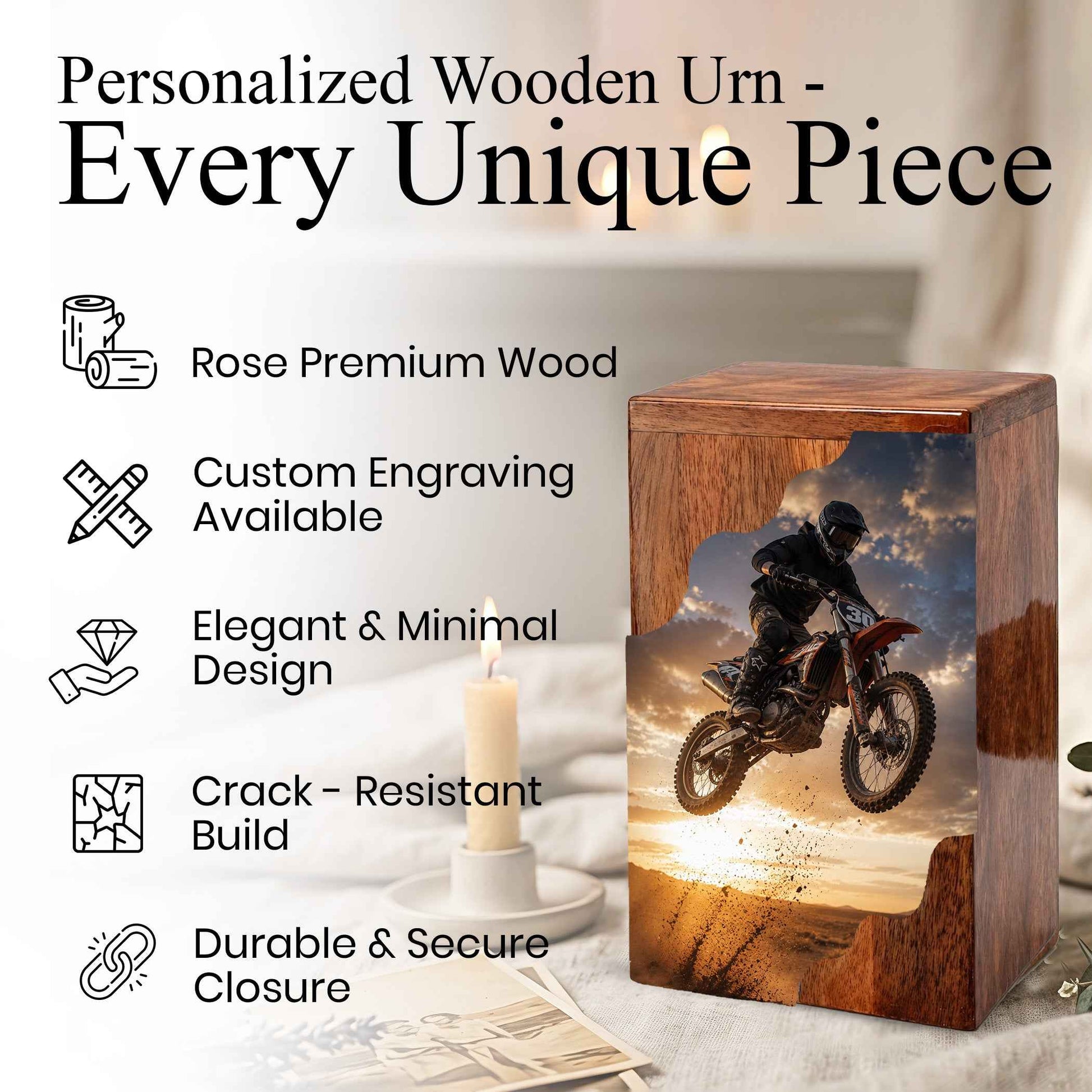Motocross Cremation Urns for Human Ashes | Personalized Urns for Dad | Wooden Memorial Urn for Men