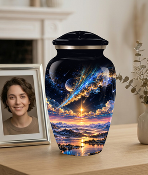 Personalized Adult Cremation Urn for Ashes, Custom Memorial Urn, Galaxy and Mountain Sunset Design