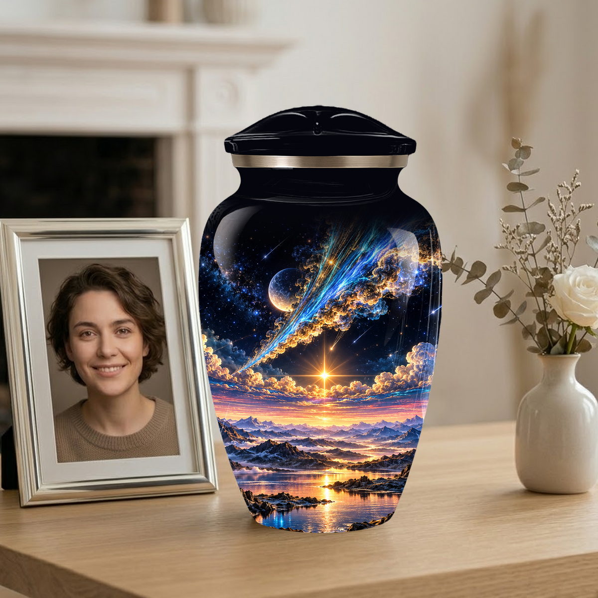 Personalized Adult Cremation Urn for Ashes, Custom Memorial Urn, Galaxy and Mountain Sunset Design