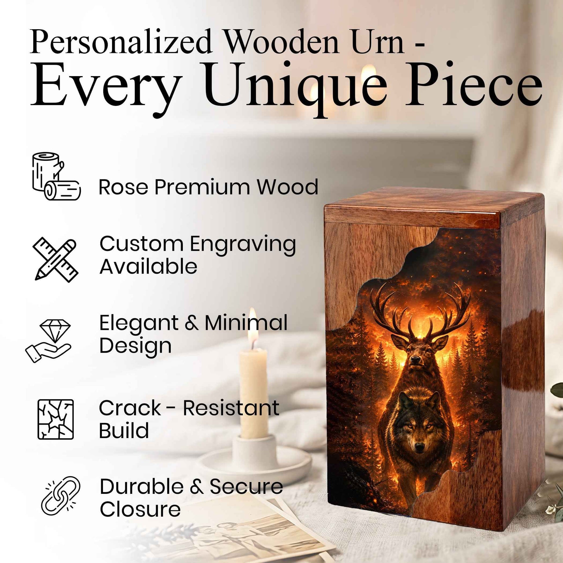 Wolf & Stag Wooden Cremation Urn – Woodland Memorial Urn
