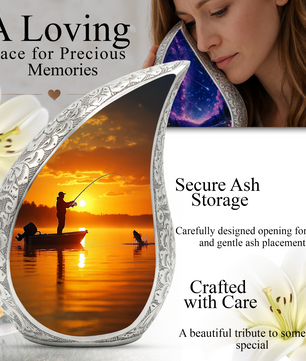 Fishing Personalized Cremation Urn for Dad – Teardrop Style Aluminum Memorial Urn, 10 Inch