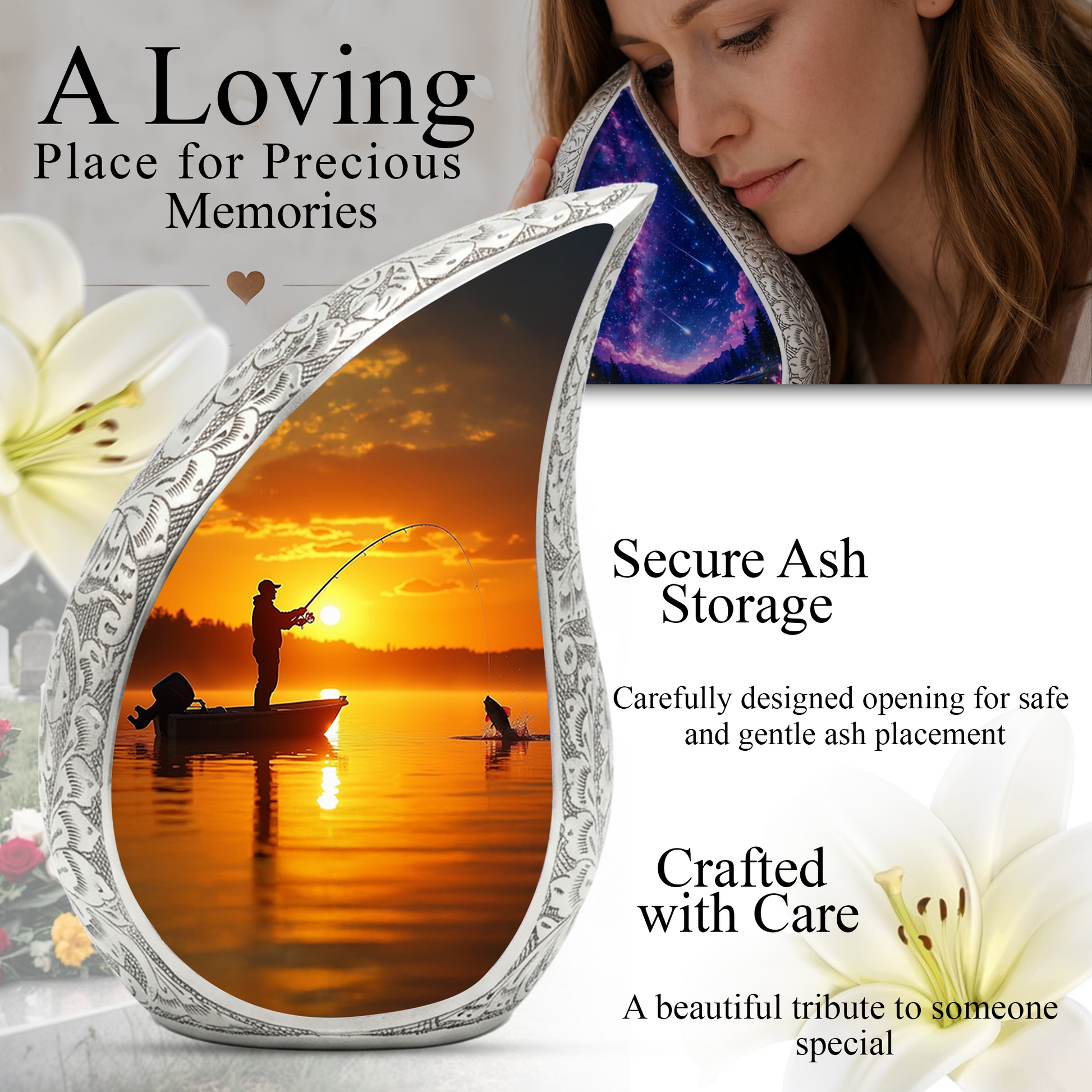 Fishing Personalized Cremation Urn for Dad – Teardrop Style Aluminum Memorial Urn, 10 Inch