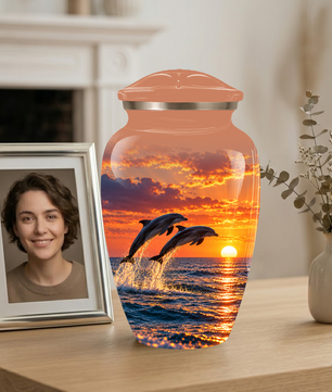 Dolphin Cremation Urn for Ashes, Ocean Sunset Design, Custom Adult Urn for Loved Ones
